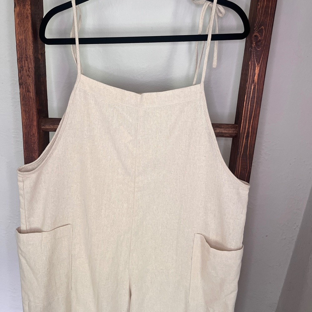 Favlux Womens Beige Cotton Blend Wide Leg Drop Crotch Jumpsuit Overalls Medium - Picture 3 of 12
